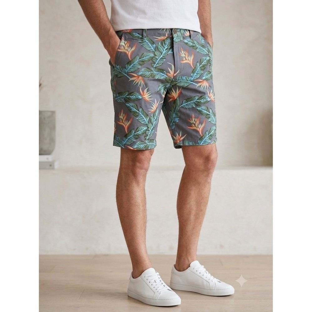 PRNTD Men's Tropical Floral Stretch Chino Shorts - Gray Birds of Paradise Sz 34